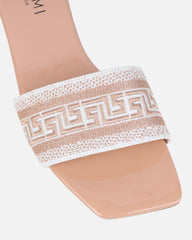 Cali Nude Patent Embroidered Slide Sandals