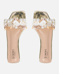 Shelz Gold Mirror Shell Trim Flat Sandals