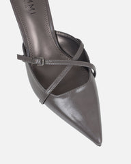 Char grey low heel buckle mules