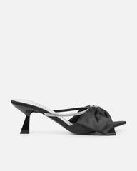 Chayaa Black Satin Diamante Bow Low Heeled Sandals