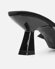 Chayaa Black Satin Diamante Bow Low Heeled Sandals