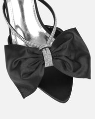 Chayaa Black Satin Diamante Bow Low Heeled Sandals