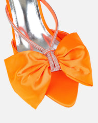 Chayaa Orange Satin Diamante Bow Low Heeled Sandals