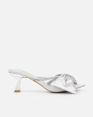 Chayaa Silver Satin Diamante Bow Low Heeled Sandals