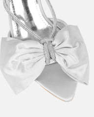Chayaa Silver Satin Diamante Bow Low Heeled Sandals