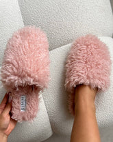 Floof Light Pink Curly Faux Fur Slippers