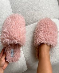 Floof Light Pink Curly Faux Fur Slippers