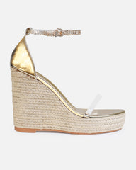 Tasha Ghouri Cove Gold Clear Diamante Wedges