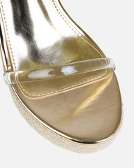 Tasha Ghouri Cove Gold Clear Diamante Wedges