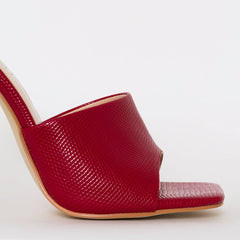 Amalie Red Snake Print Stiletto Mule Heels