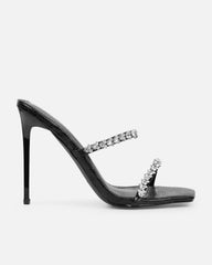 Daizy Black Snake Effect Diamante Heeled Sandals