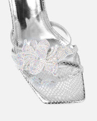 Delores Silver Mirror Snake Flower Heeled Sandals