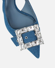 Ardenne Blue Denim Diamante Low Court Heeled Shoes