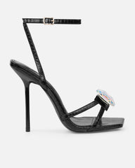 Dovie Black Faux Snake Print Gem Heels