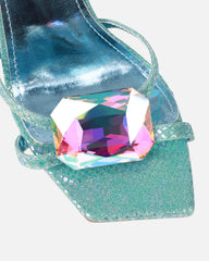 Dovie Blue Glitter Faux Snake Print Gem Heels