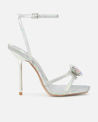 Dovie Silver Glitter Faux Snake Print Gem Heels