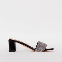 Romie Black Silver Block Mid Heel Mules