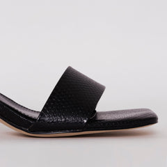 Ruhani Wide Fit Black Snake Print Block Mid Heel Mules