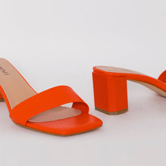 Ruhani Wide Fit Orange Snake Print Block Mid Heel Mules