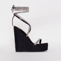 Ciara Black Patent Lace Up Espadrille Wedges