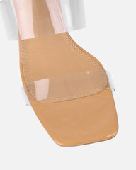 Eadie Nude Patent Clear Low Block Heeled Sandals