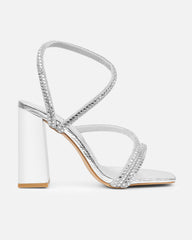 Elanaa Silver Faux Snake Effect Diamante Block Heeled Sandals
