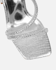 Elanaa Silver Faux Snake Effect Diamante Block Heeled Sandals