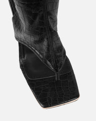 Senya Black Faux Croc Toe Thong Heeled Boots