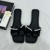 Black Bow-Detail Flat Slides