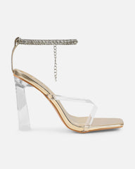 Faiith Clear Gold Metallic Diamante Anklet Heeled Sandals
