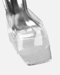 Maylee Clear Silver Faux Snake Metallic Mules