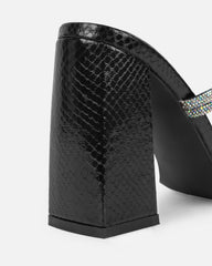 Ferne Black Faux Snake Diamante Block Heeled Sandals
