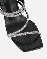 Ferne Black Faux Snake Diamante Block Heeled Sandals