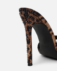 Fenella Leopard Print Satin Diamante Mules