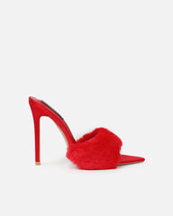 Fantazia Red Satin Faux Fur Stiletto Mules