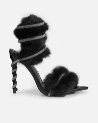 Queen Black Faux Fur Diamante Spiral Sandals