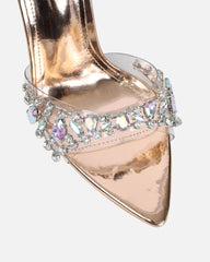 Fatima Rose Gold Mirror Diamante Stiletto Mules
