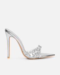 Fatima Silver Mirror Diamante Stiletto Mules