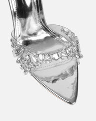 Fatima Silver Mirror Diamante Stiletto Mules
