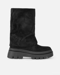 Fynn Black Faux Suede Fold Over Chunky Boots