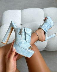 Jenson Light Blue Denim Zip Platform Block Heel Mules