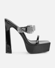 Syd Black Patent Diamante Buckle Platform Mules