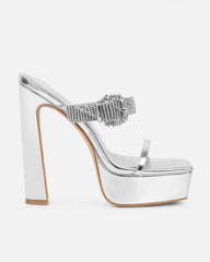 Syd Silver Mirror Diamante Buckle Platform Mules