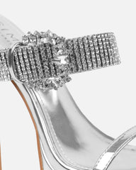 Syd Silver Mirror Diamante Buckle Platform Mules