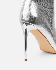 Giles Silver Metallic Faux Snake Ruched Stiletto Mid Calf Boots