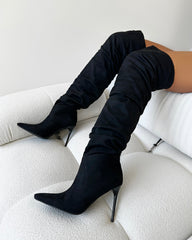 Gilton Black Faux Suede Ruched Over The Knee Thigh High Boots