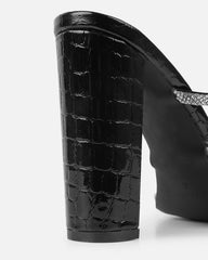 Heera Black Faux Croc Patent Block Heels