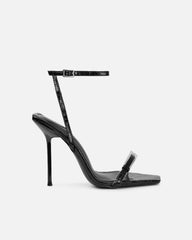 Kienna Black Patent Croc Effect Diamante Buckle Heeled Sandals