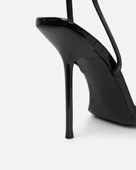 Kienna Black Patent Croc Effect Diamante Buckle Heeled Sandals
