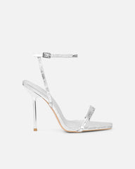 Kienna Silver Croc Effect Diamante Buckle Heeled Sandals
